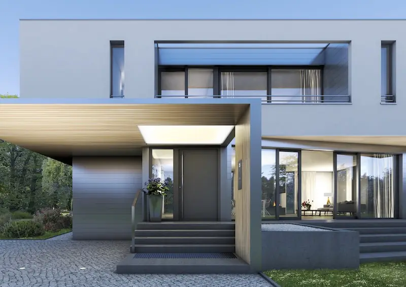 Moderner Hauseingang mit eleganter Haustür und Vordach